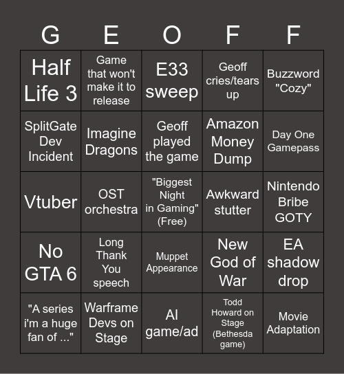 Game Awards 2025 Bingo Card
