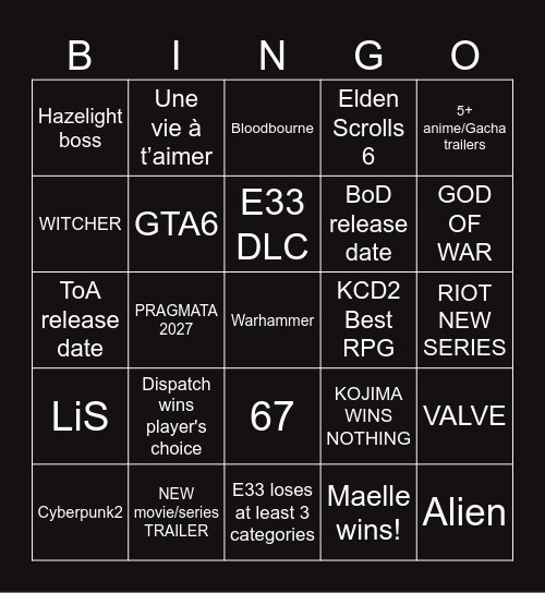 GAME AWARDS Bingo Card