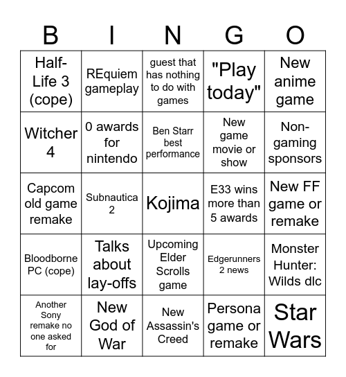 Game Awards Bingo Card
