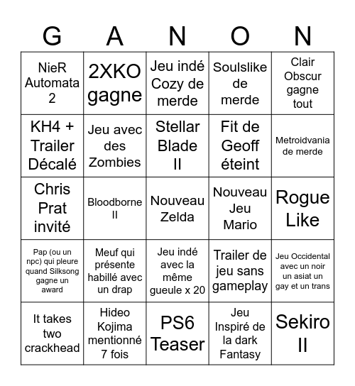 Game Awards 2025 Bingo Card