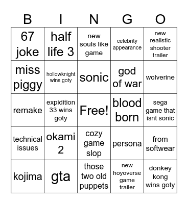 Game awards Bingo Card