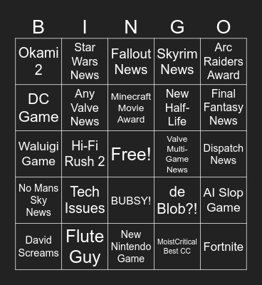 Game Awards 2025 Bingo Card