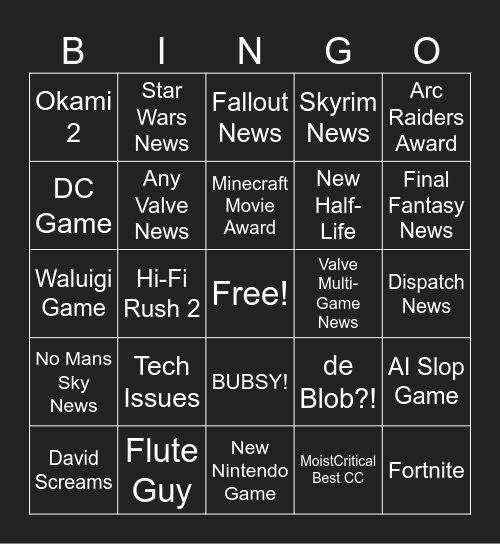 Game Awards 2025 Bingo Card