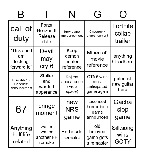 Game awards bingo Card