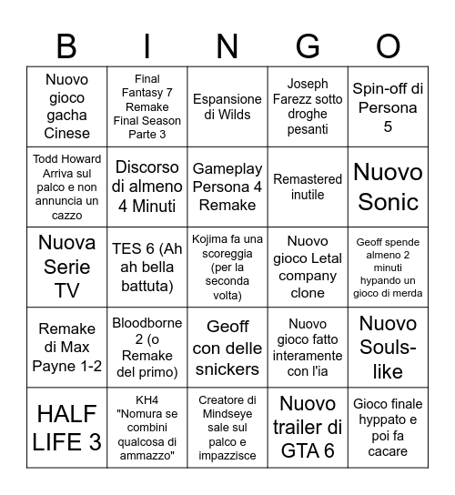 The Game Awards 2025 Bingo Card