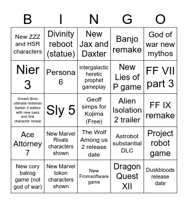 Andy TGA 2025 Predictions Bingo Card