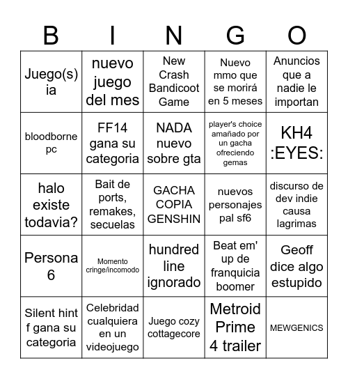 The Game Awards Bingo Card