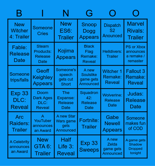 2025 Game Awards Bingo Card