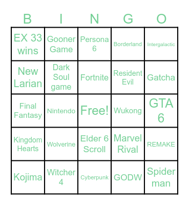 Game Awards Bingo Card