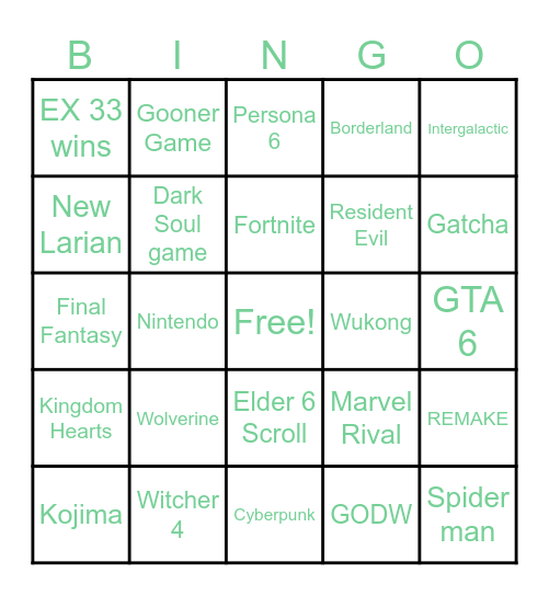 Game Awards Bingo Card