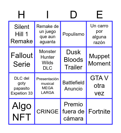 Bingo de los Game Awards Bingo Card