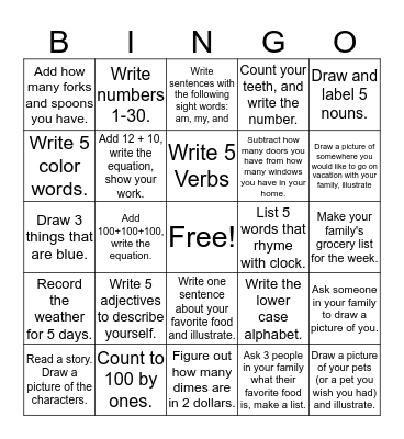 Winter Break Bingo Card