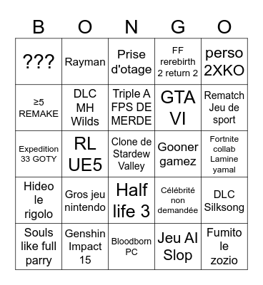 Bongo Game Awards Bingo Card