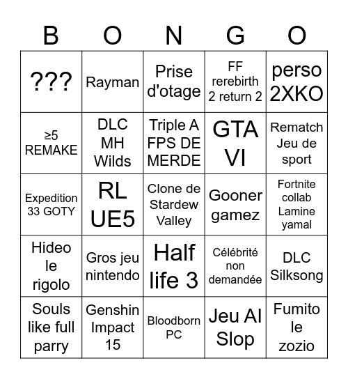Bongo Game Awards Bingo Card