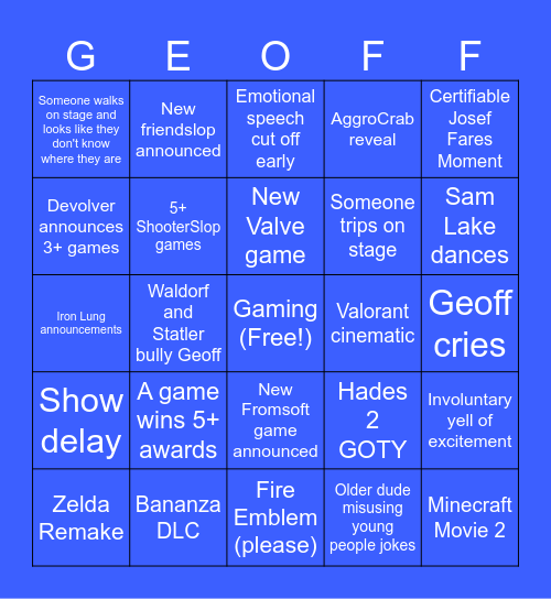 The Game Awards Bingo Card