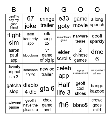 game awards Bingo Card