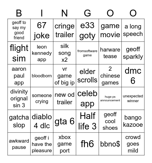 game awards Bingo Card