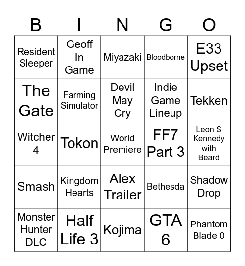 Game Awards Bingo Card