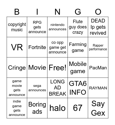 Lucy's game awards bingo Card