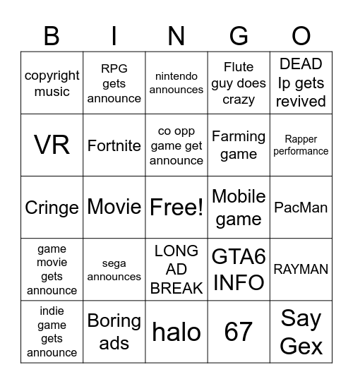 Lucy's game awards bingo Card