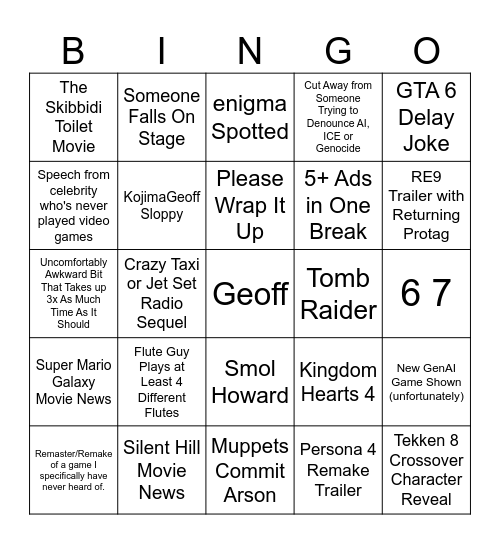 The Game Awards 2025 Bingo Card