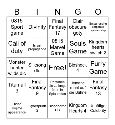 Game Awards 2025 Bingo Card