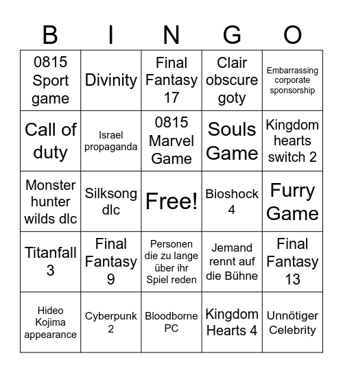 Game Awards 2025 Bingo Card