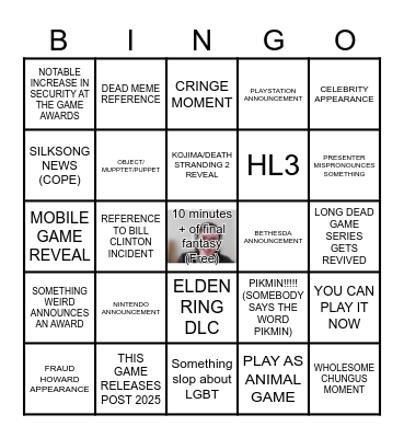 Gaming Award Show Bingo Card