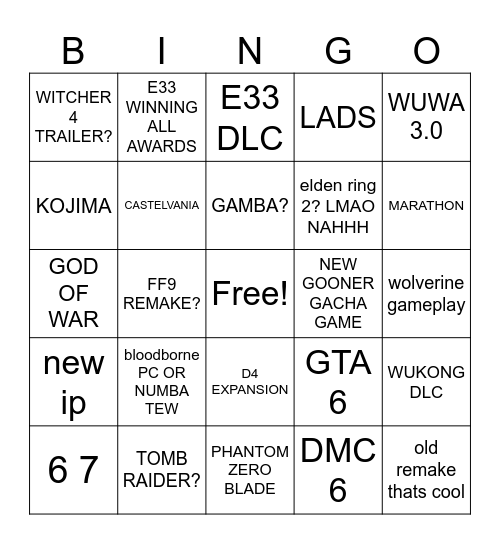 GAME AWARDS Bingo Card
