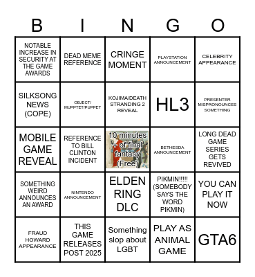 Gaming Award Show Bingo Card