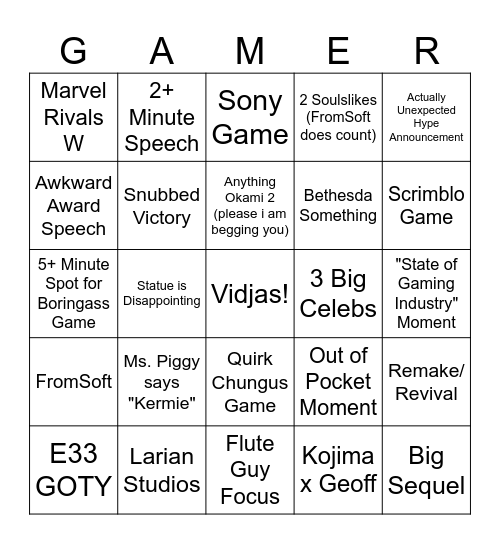 Game Awards 2025 Bingo Card