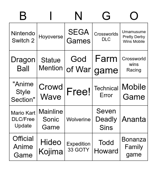 Game Awards (Cooler) Bingo Card
