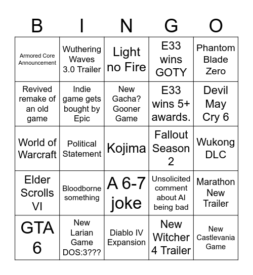 TGA Bingo Card