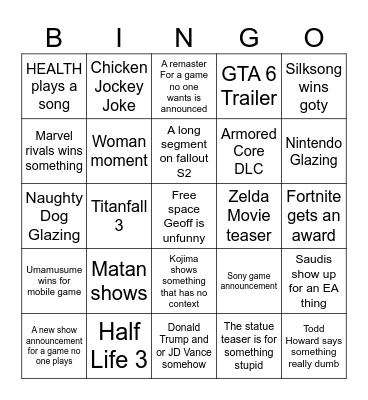 Game Awards 2025 Bingo Card