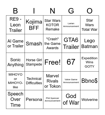Game Awards Bingo Card