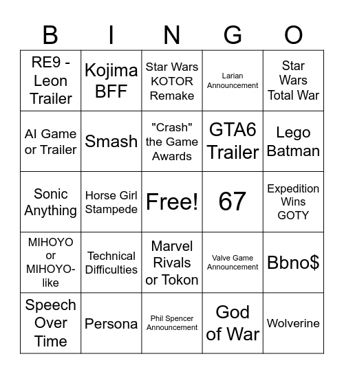 Game Awards Bingo Card