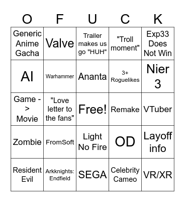 Game Awards 2025 Bingo Card