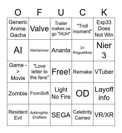 Game Awards 2025 Bingo Card