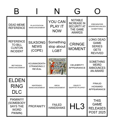 Gaming Award Show Bingo Card