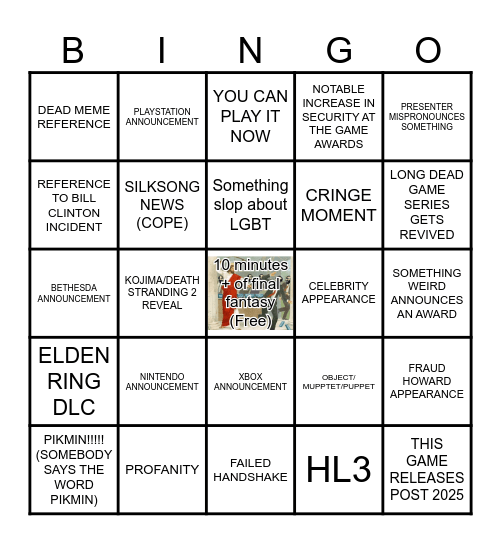 Gaming Award Show Bingo Card