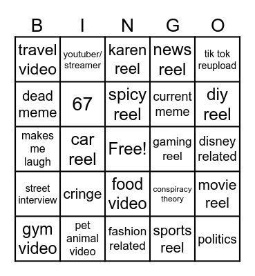 Instagram reel bingo Card