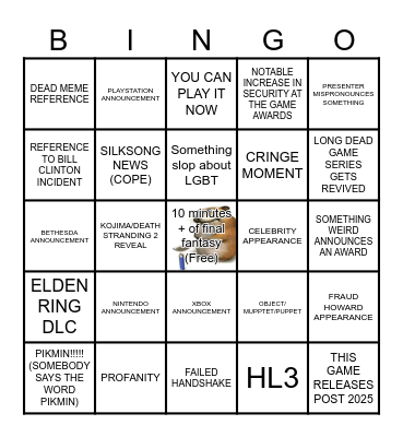 Gaming Award Show Bingo Card