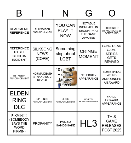 Gaming Award Show Bingo Card