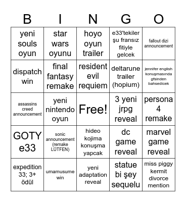 game awards bingo Card