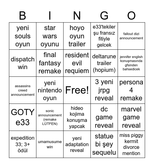 game awards bingo Card