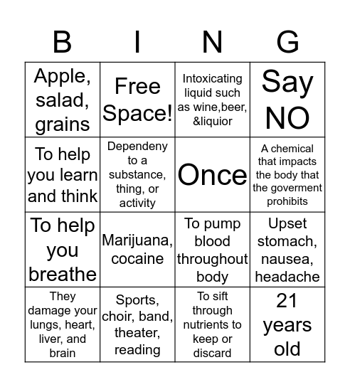 Healthy Choices  Bingo Card
