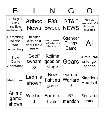 Game Awards 2025 Bingo Card
