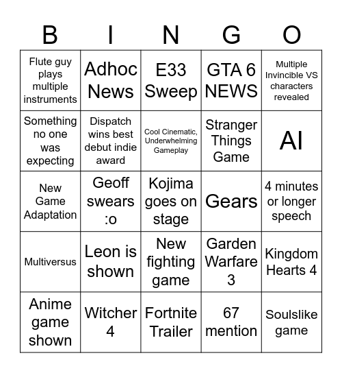 Game Awards 2025 Bingo Card