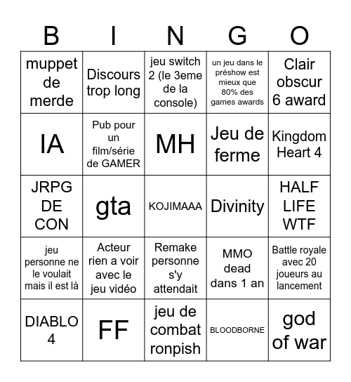 GAME AWARD Bingo Card
