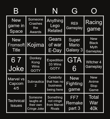 Game Awards 2025 Bingo Card